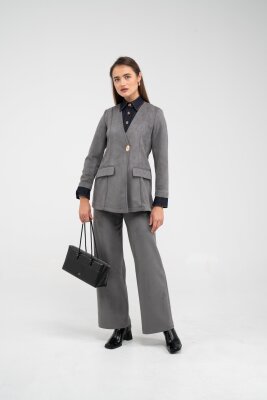 Süet Dokulu Tek Düğmeli Modern Kadın Takım 8098 - 15