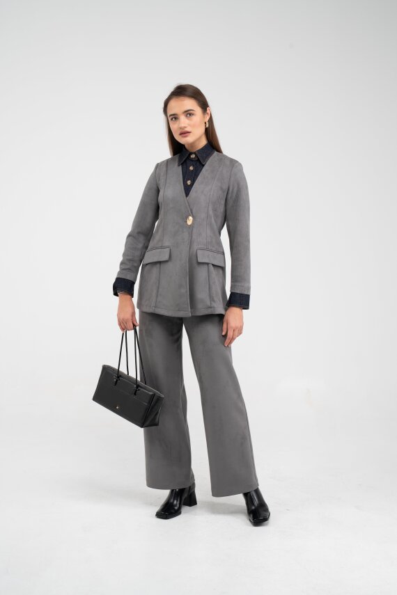 Süet Dokulu Tek Düğmeli Modern Kadın Takım 8098 - 15