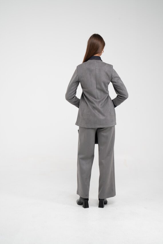 Süet Dokulu Tek Düğmeli Modern Kadın Takım 8098 - 20