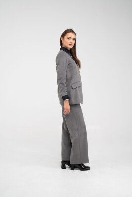 Süet Dokulu Tek Düğmeli Modern Kadın Takım 8098 - 17