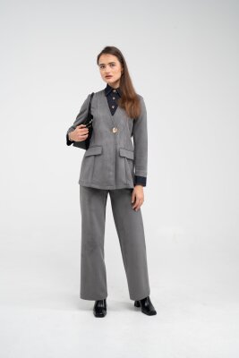 Süet Dokulu Tek Düğmeli Modern Kadın Takım 8098 - 18