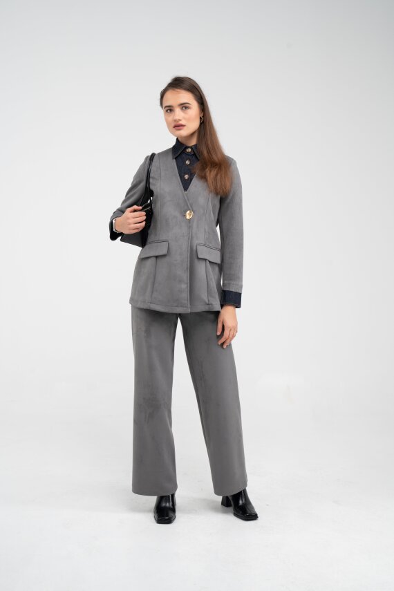 Süet Dokulu Tek Düğmeli Modern Kadın Takım 8098 - 18