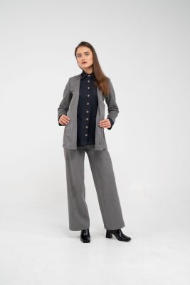 Süet Dokulu Tek Düğmeli Modern Kadın Takım 8098 - 19