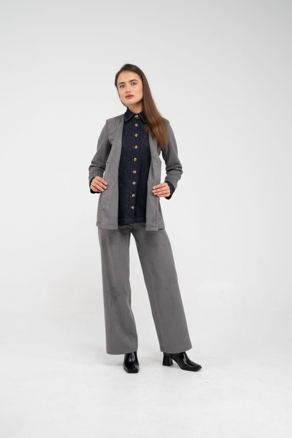 Süet Dokulu Tek Düğmeli Modern Kadın Takım 8098 - 19