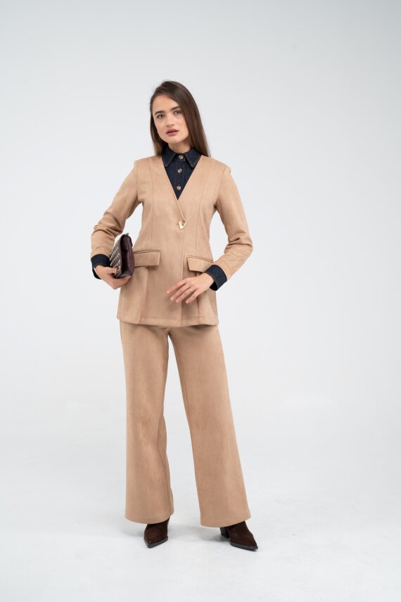 Süet Dokulu Tek Düğmeli Modern Kadın Takım 8098 - 21