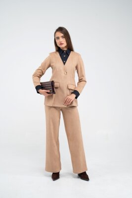 Süet Dokulu Tek Düğmeli Modern Kadın Takım 8098 - 22