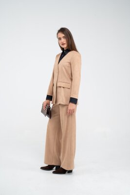 Süet Dokulu Tek Düğmeli Modern Kadın Takım 8098 - 23