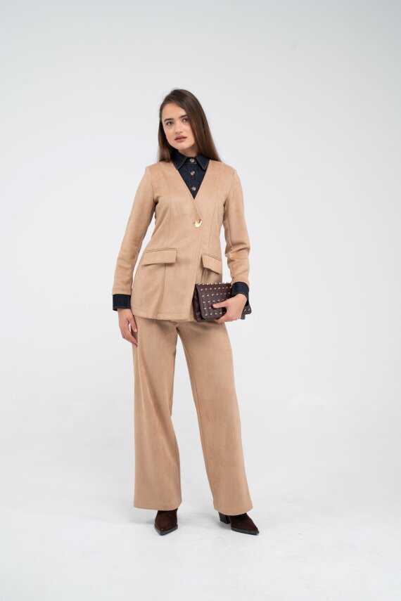 Süet Dokulu Tek Düğmeli Modern Kadın Takım 8098 - 25