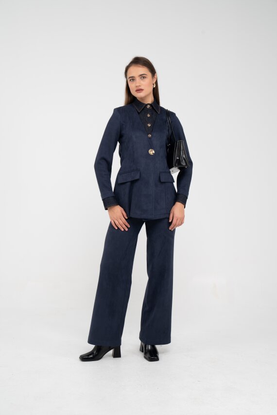 Süet Dokulu Tek Düğmeli Modern Kadın Takım 8098 - 28