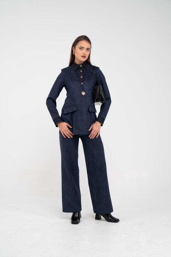 Süet Dokulu Tek Düğmeli Modern Kadın Takım 8098 - 27