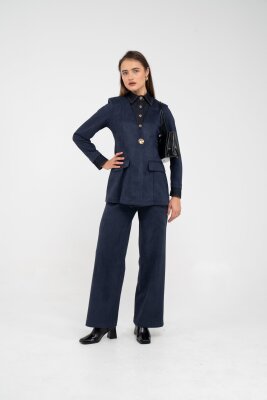 Süet Dokulu Tek Düğmeli Modern Kadın Takım 8098 - 29