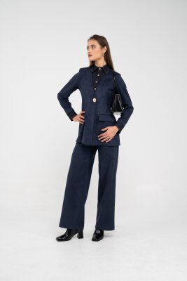 Süet Dokulu Tek Düğmeli Modern Kadın Takım 8098 - 30