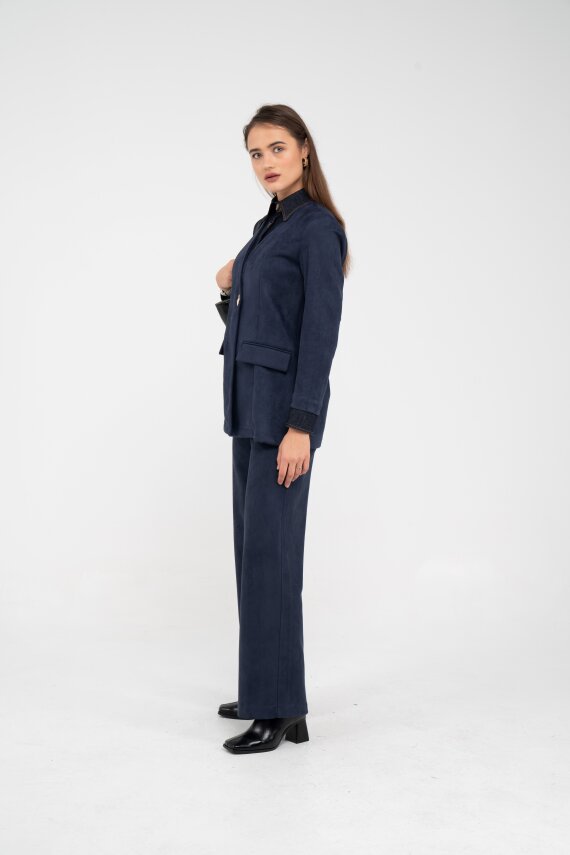 Süet Dokulu Tek Düğmeli Modern Kadın Takım 8098 - 32