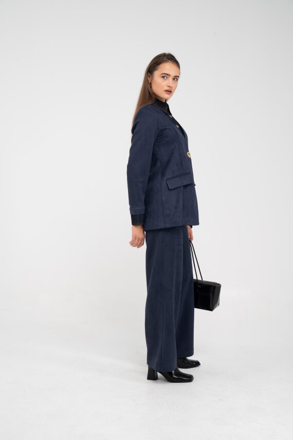 Süet Dokulu Tek Düğmeli Modern Kadın Takım 8098 - 33