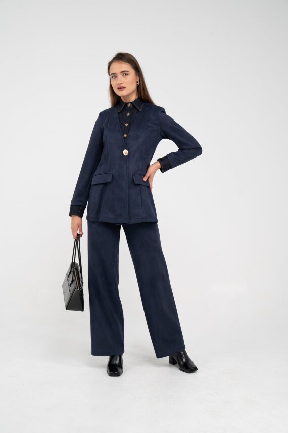 Süet Dokulu Tek Düğmeli Modern Kadın Takım 8098 - 34