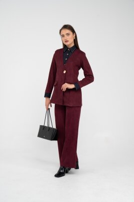 Süet Dokulu Tek Düğmeli Modern Kadın Takım 8098 - 36