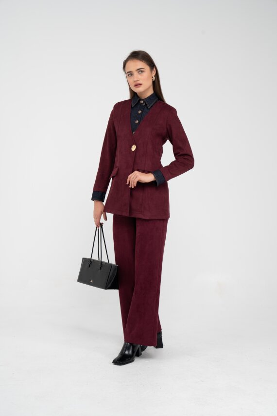 Süet Dokulu Tek Düğmeli Modern Kadın Takım 8098 - 36