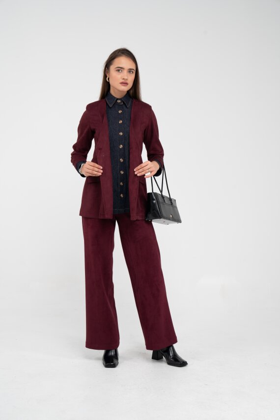 Süet Dokulu Tek Düğmeli Modern Kadın Takım 8098 - 40