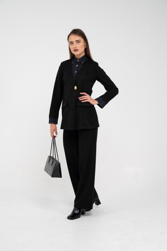Süet Dokulu Tek Düğmeli Modern Kadın Takım 8098 - 43