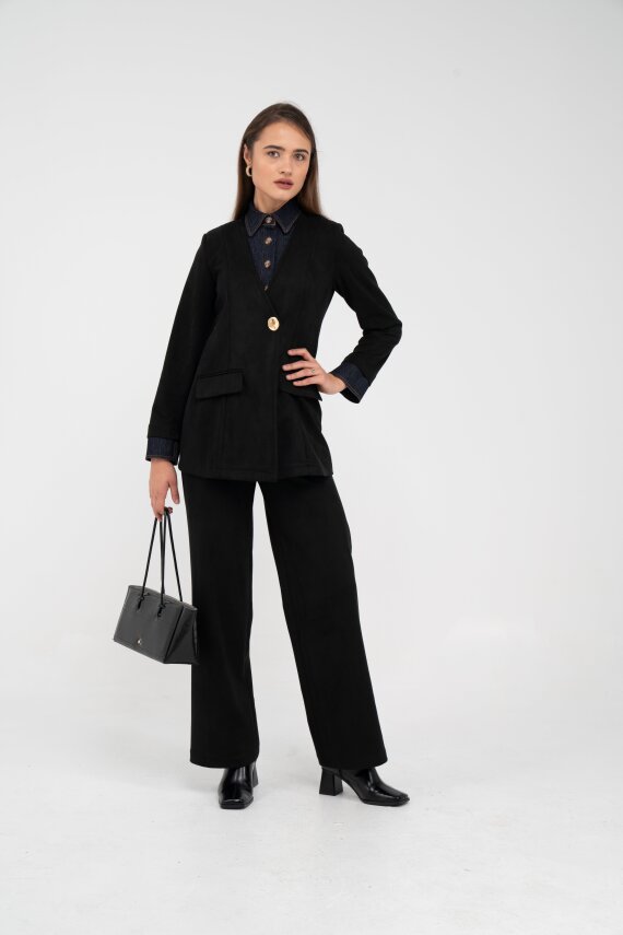 Süet Dokulu Tek Düğmeli Modern Kadın Takım 8098 - 44