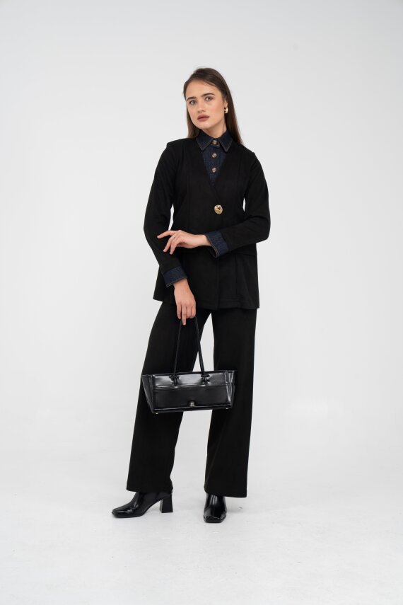 Süet Dokulu Tek Düğmeli Modern Kadın Takım 8098 - 45