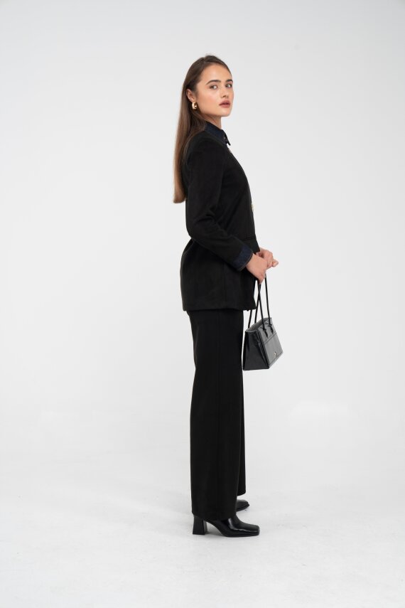 Süet Dokulu Tek Düğmeli Modern Kadın Takım 8098 - 47