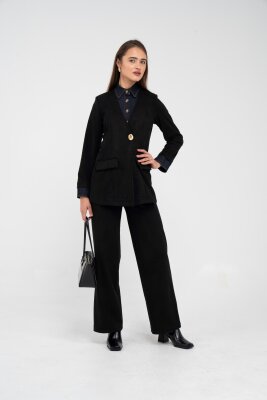 Süet Dokulu Tek Düğmeli Modern Kadın Takım 8098 - 48