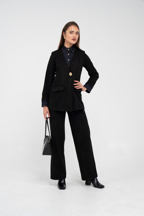 Süet Dokulu Tek Düğmeli Modern Kadın Takım 8098 - 48