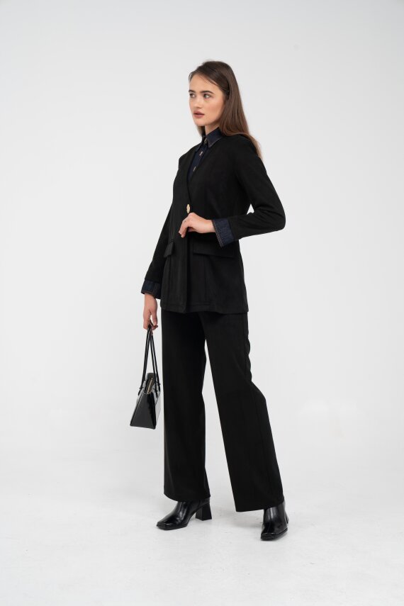 Süet Dokulu Tek Düğmeli Modern Kadın Takım 8098 - 50