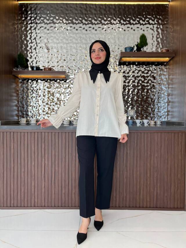 Taş Aksesurlı Yaka Detaylı Kol Lastik Oversıze Gömlek GMK08030 - 1