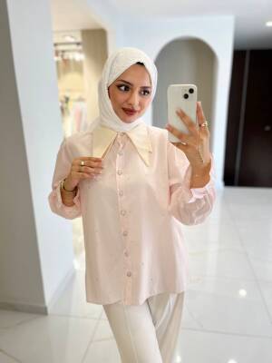 Taş Aksesurlı Yaka Detaylı Kol Lastik Oversıze Gömlek GMK08030 - 2