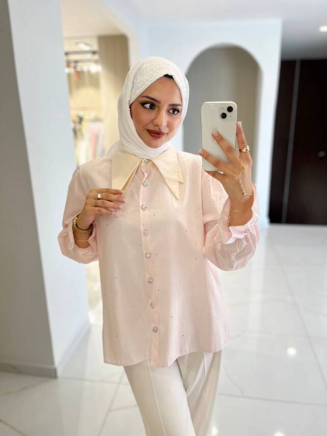 Taş Aksesurlı Yaka Detaylı Kol Lastik Oversıze Gömlek GMK08030 - 2