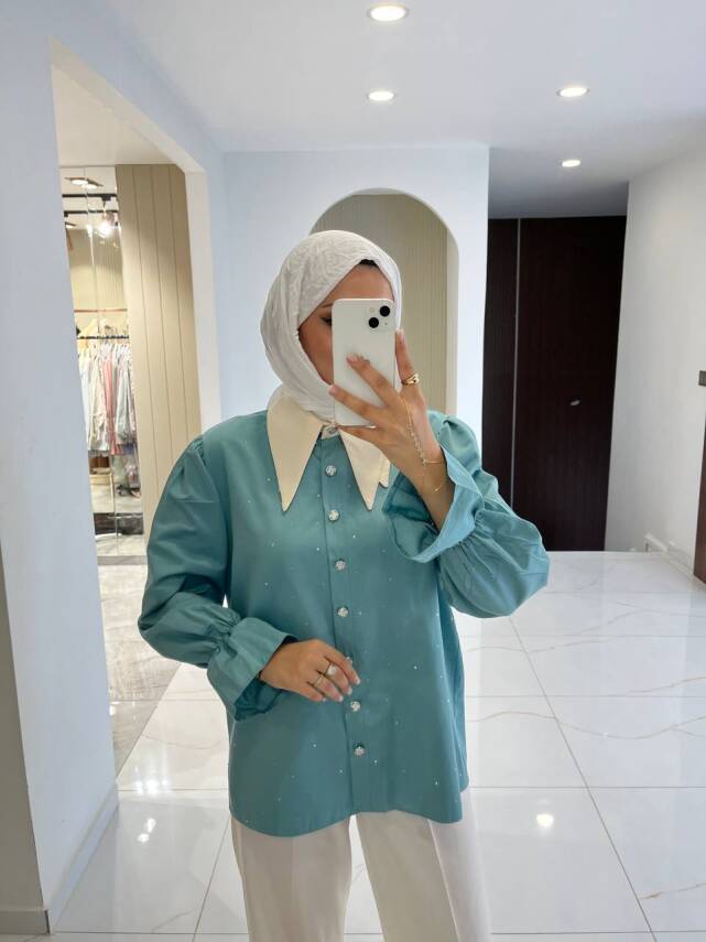 Taş Aksesurlı Yaka Detaylı Kol Lastik Oversıze Gömlek GMK08030 - 3