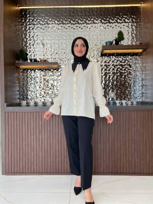 Taş Aksesurlı Yaka Detaylı Kol Lastik Oversıze Gömlek GMK08030 - 5