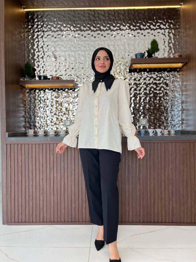 Taş Aksesurlı Yaka Detaylı Kol Lastik Oversıze Gömlek GMK08030 - 5