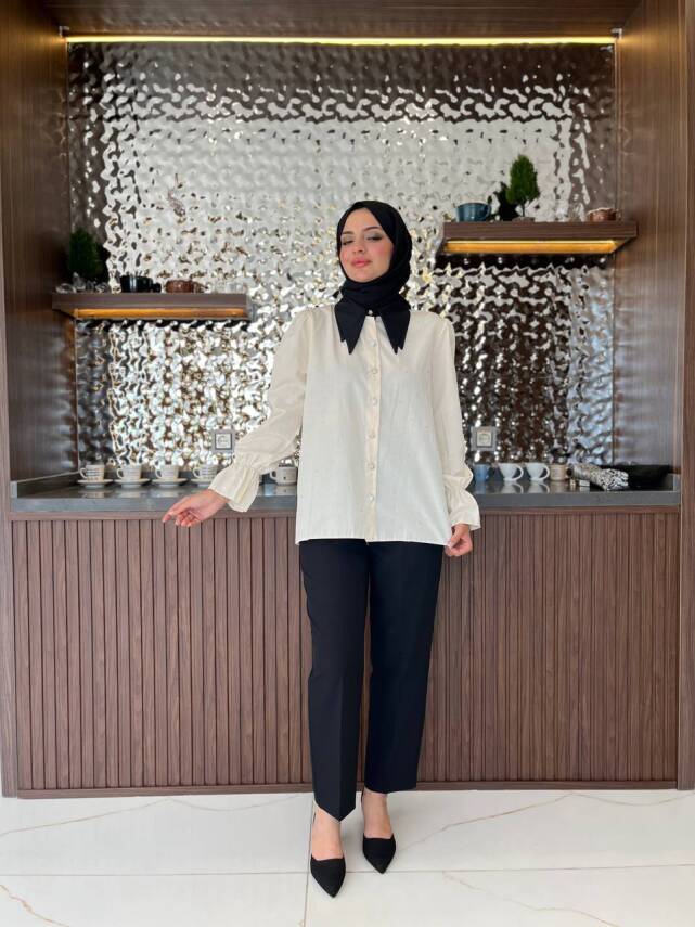 Taş Aksesurlı Yaka Detaylı Kol Lastik Oversıze Gömlek GMK08030 - 6