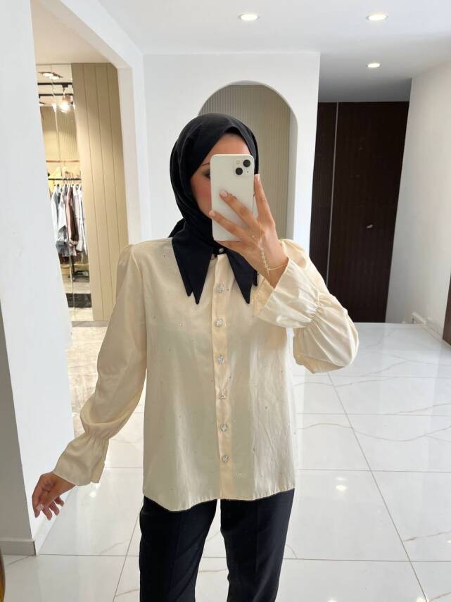 Taş Aksesurlı Yaka Detaylı Kol Lastik Oversıze Gömlek GMK08030 - 7