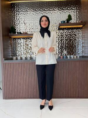 Taş Aksesurlı Yaka Detaylı Kol Lastik Oversıze Gömlek GMK08030 - 8