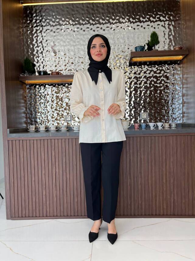 Taş Aksesurlı Yaka Detaylı Kol Lastik Oversıze Gömlek GMK08030 - 8