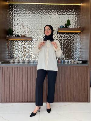 Taş Aksesurlı Yaka Detaylı Kol Lastik Oversıze Gömlek GMK08030 - 9