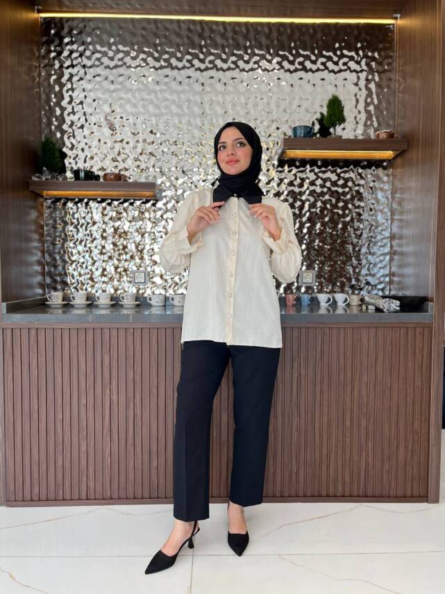 Taş Aksesurlı Yaka Detaylı Kol Lastik Oversıze Gömlek GMK08030 - 9