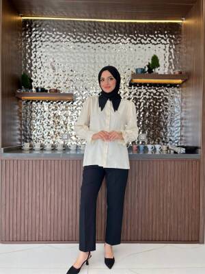 Taş Aksesurlı Yaka Detaylı Kol Lastik Oversıze Gömlek GMK08030 - 11
