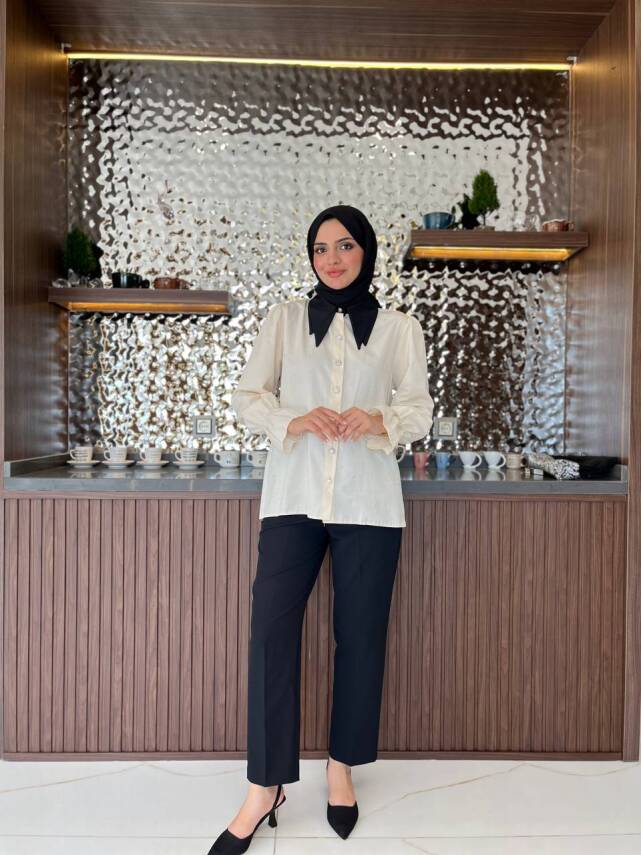 Taş Aksesurlı Yaka Detaylı Kol Lastik Oversıze Gömlek GMK08030 - 11