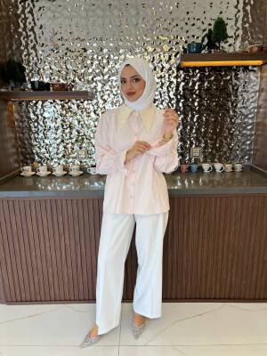 Taş Aksesurlı Yaka Detaylı Kol Lastik Oversıze Gömlek GMK08030 - 12