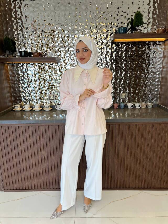 Taş Aksesurlı Yaka Detaylı Kol Lastik Oversıze Gömlek GMK08030 - 12