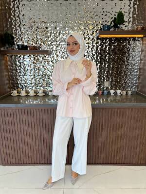 Taş Aksesurlı Yaka Detaylı Kol Lastik Oversıze Gömlek GMK08030 - 13