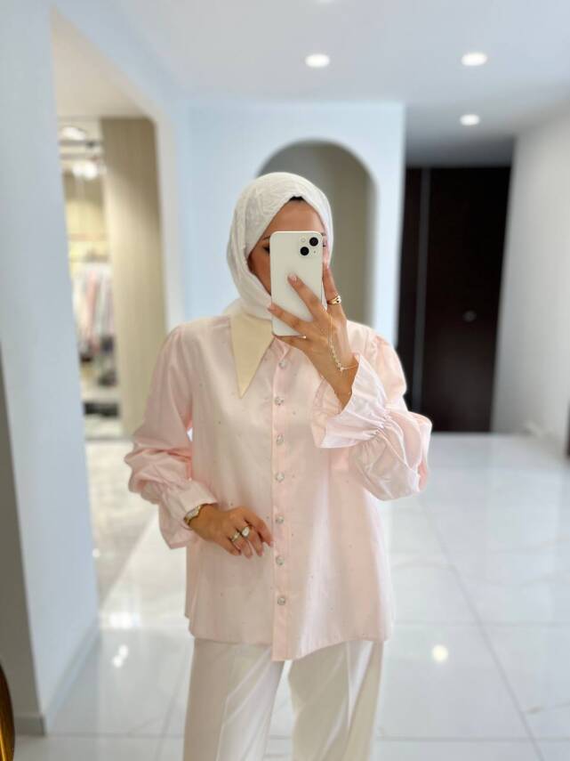 Taş Aksesurlı Yaka Detaylı Kol Lastik Oversıze Gömlek GMK08030 - 19