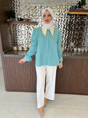 Taş Aksesurlı Yaka Detaylı Kol Lastik Oversıze Gömlek GMK08030 - 22