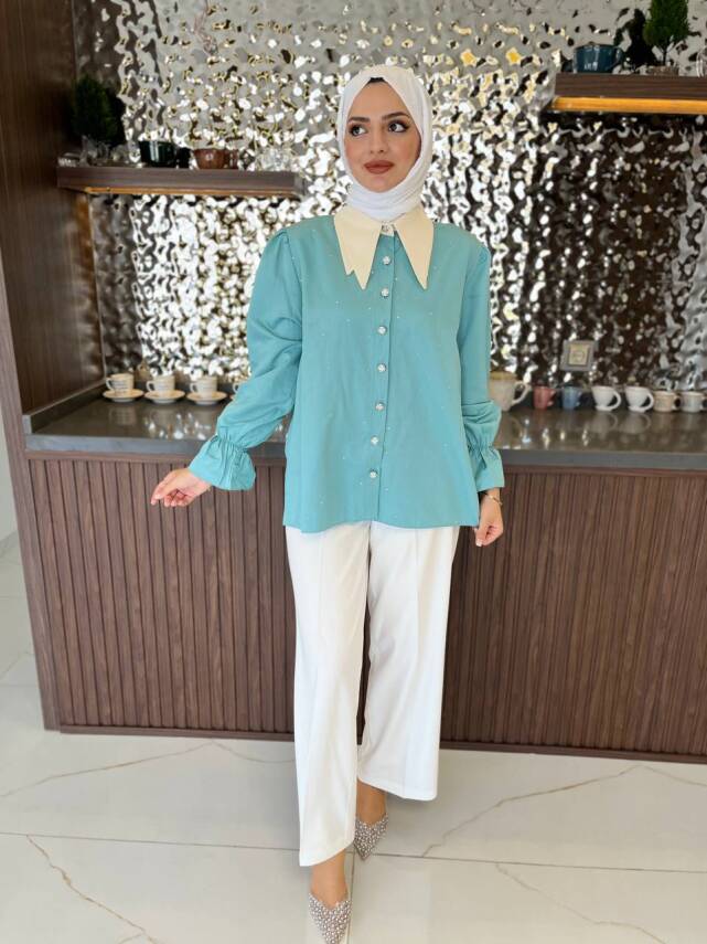 Taş Aksesurlı Yaka Detaylı Kol Lastik Oversıze Gömlek GMK08030 - 22