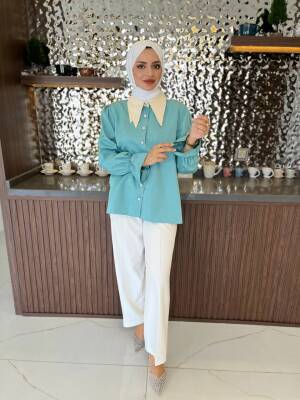 Taş Aksesurlı Yaka Detaylı Kol Lastik Oversıze Gömlek GMK08030 - 23